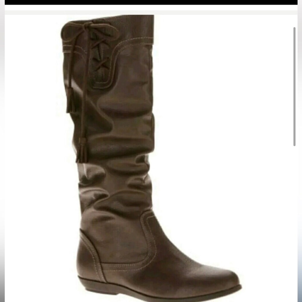 Faded Glory Knee High Scrunch Tie Boots faux leather flat size 8 NWT